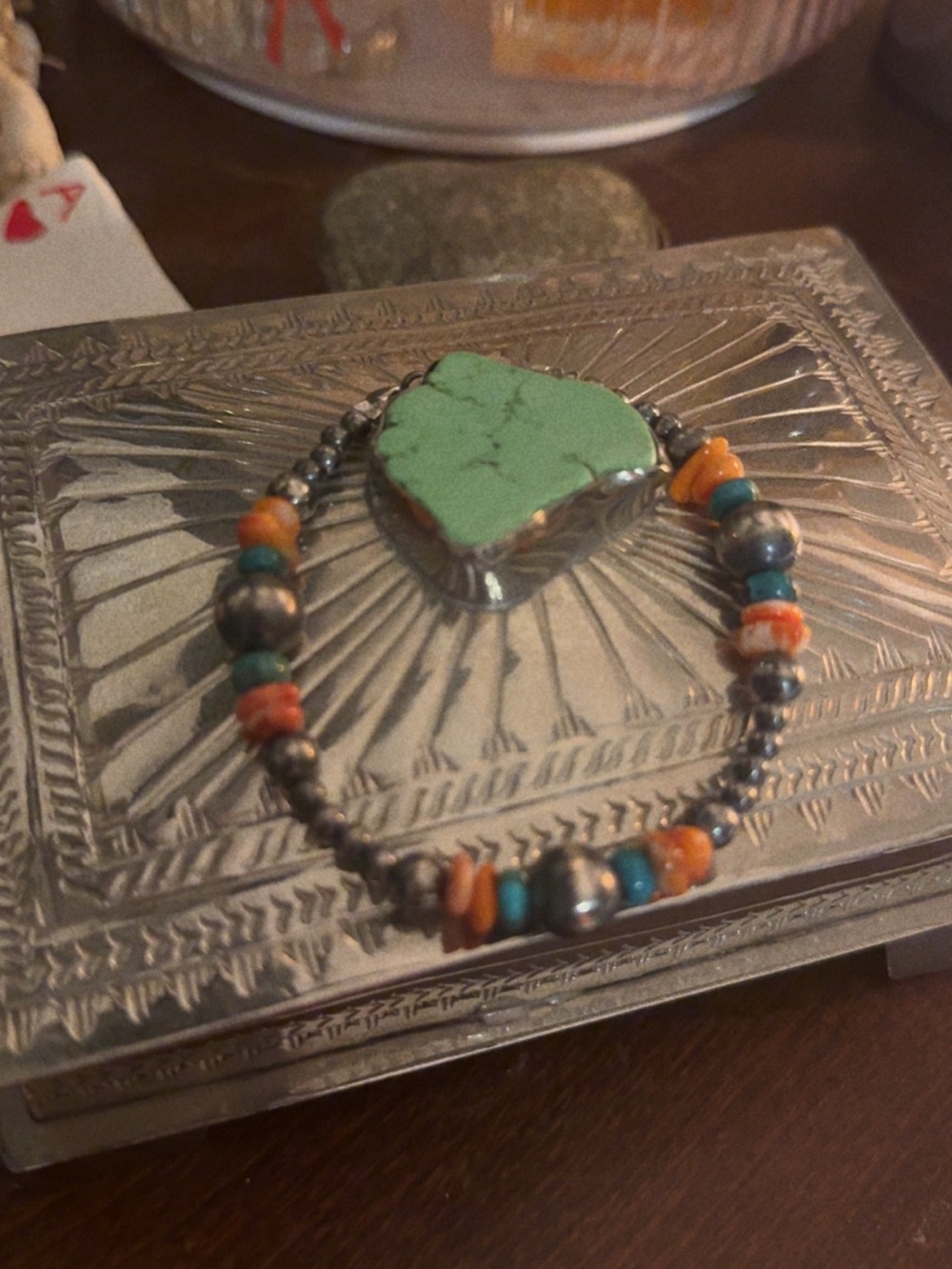 Turquoise orange spiny oyster sterling silver bracelet